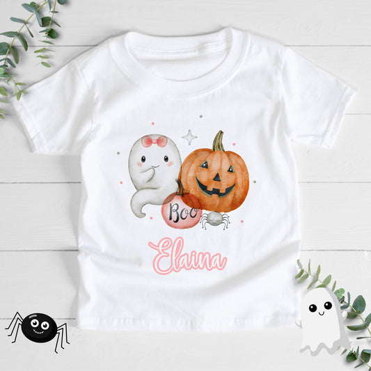 Personalised Custom Halloween T Shirt, Halloween Gift, Halloween Outfit, Cute Ghost Pumpkin Pink Blue