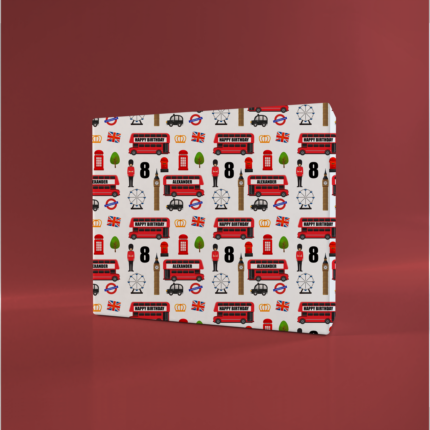 a box with a pattern of buses and trees on it