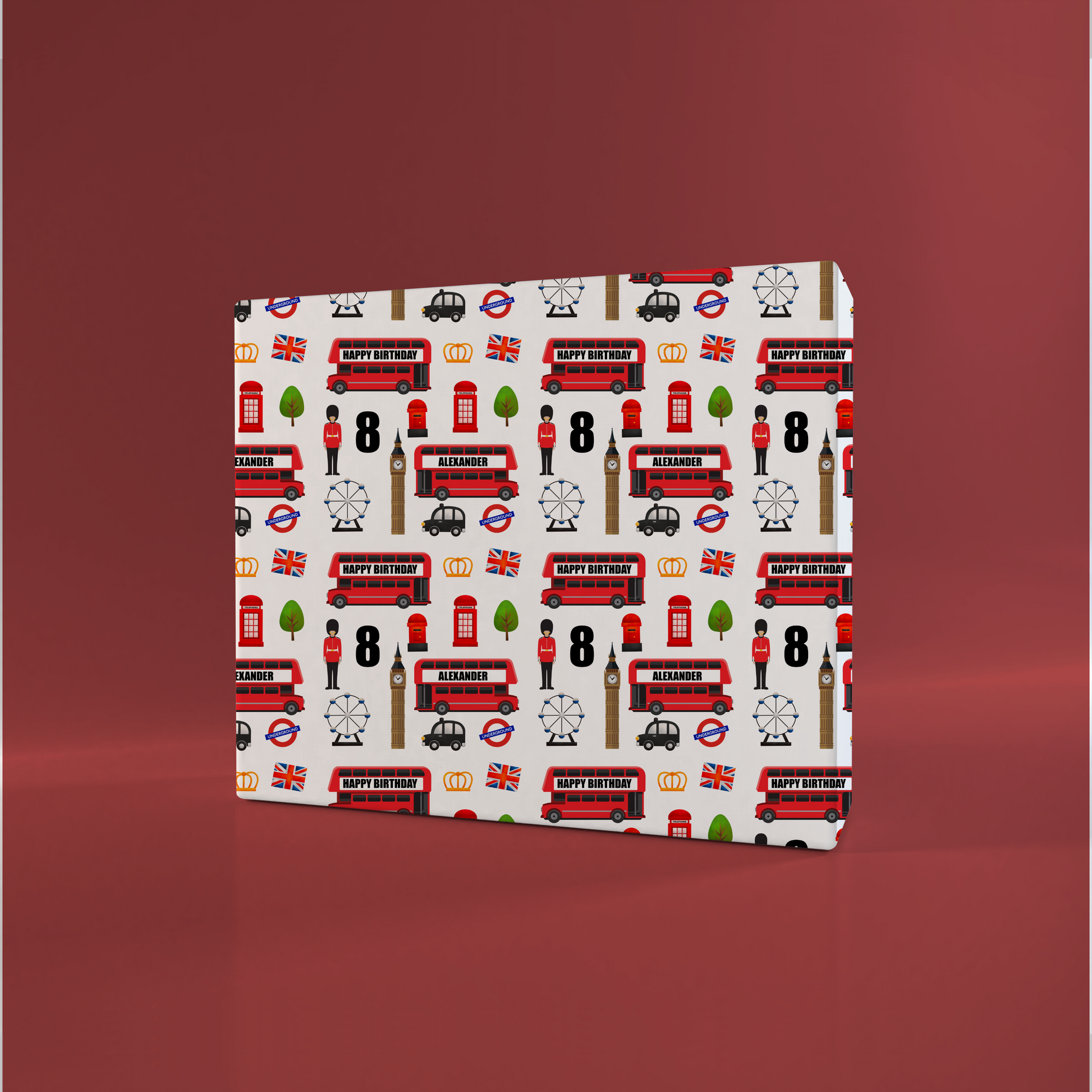 a box with a pattern of buses and trees on it