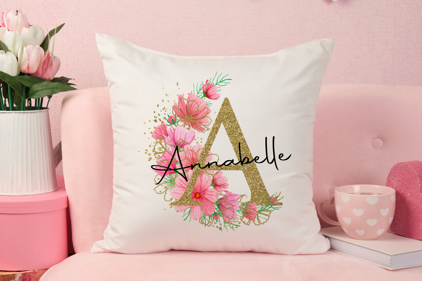 Personalised Cushion Gold Pink Floral Initial