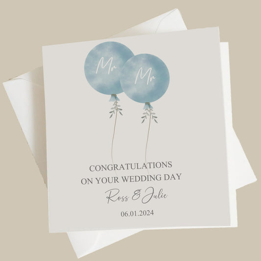 two blue balloons on a white card with the words congratulationss on your wedding day