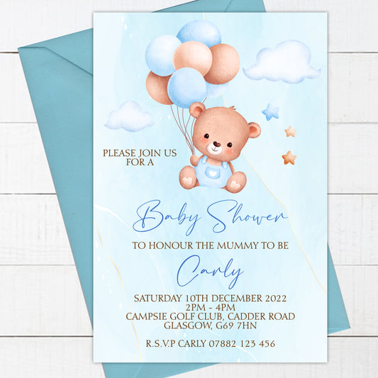 Personalised Printed Baby Shower Invitations Teddy Bear Blue Boy