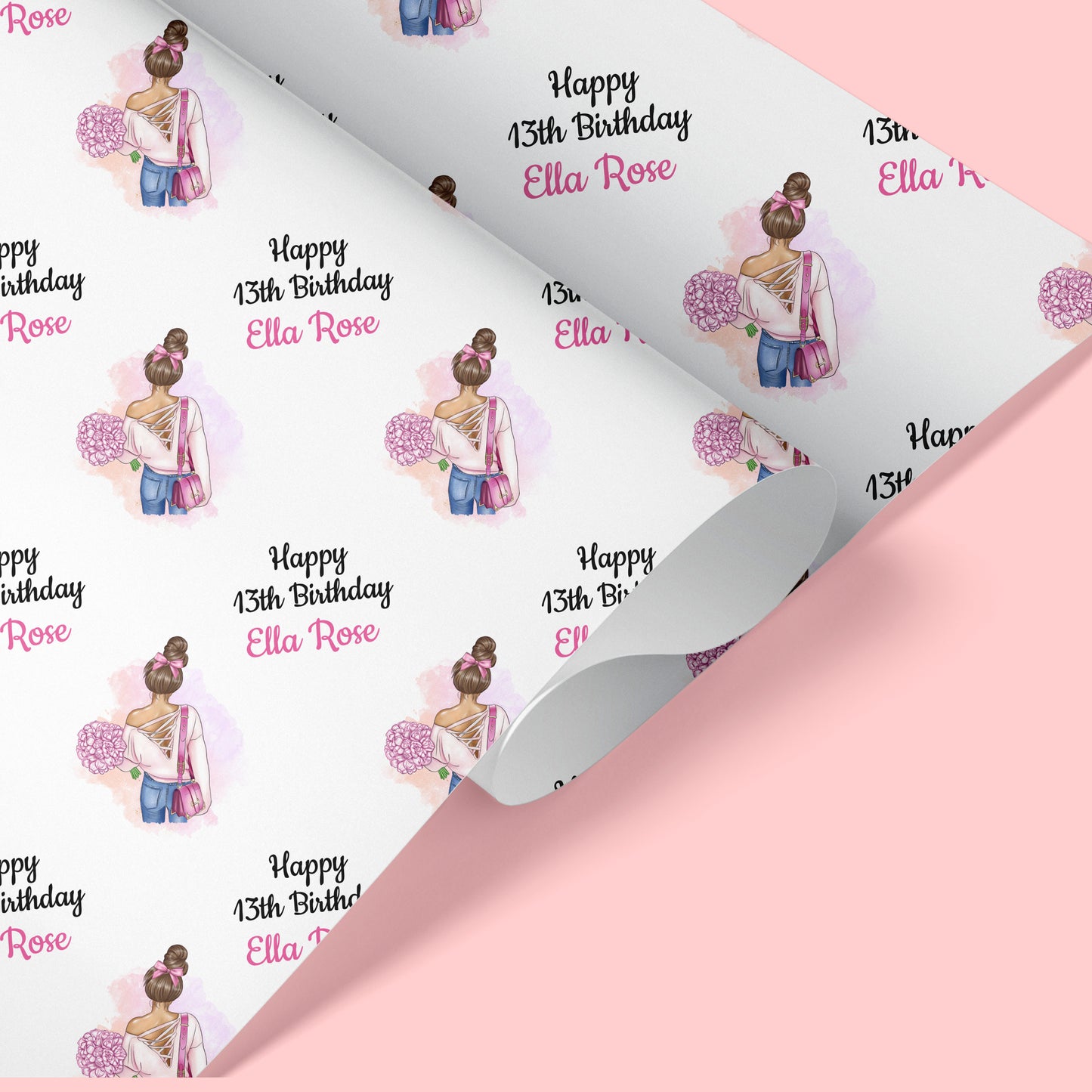 a birthday wrapping paper with a picture of a girl on it