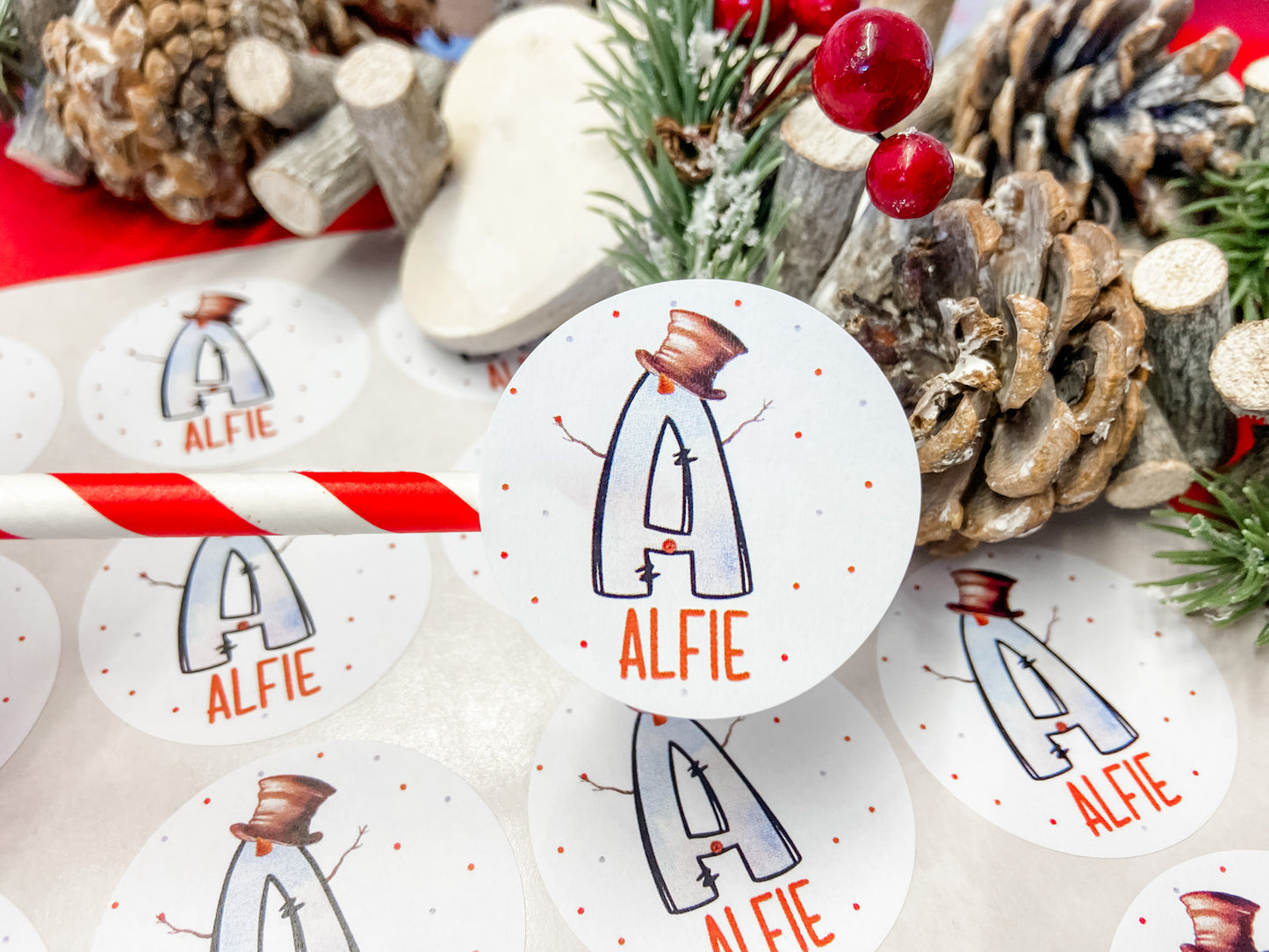 Personalised Christmas Stickers, Gift Labels, , Festive Name Stickers Snowman Initial