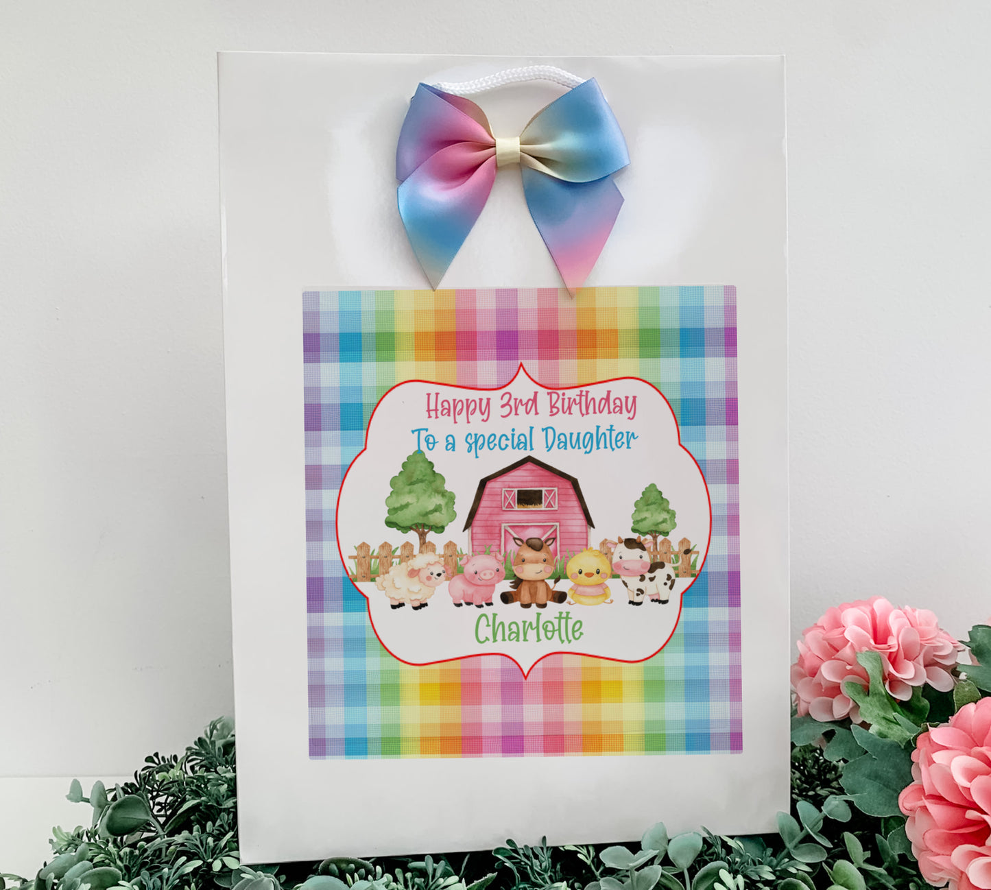 a card with a picture of a farm scene