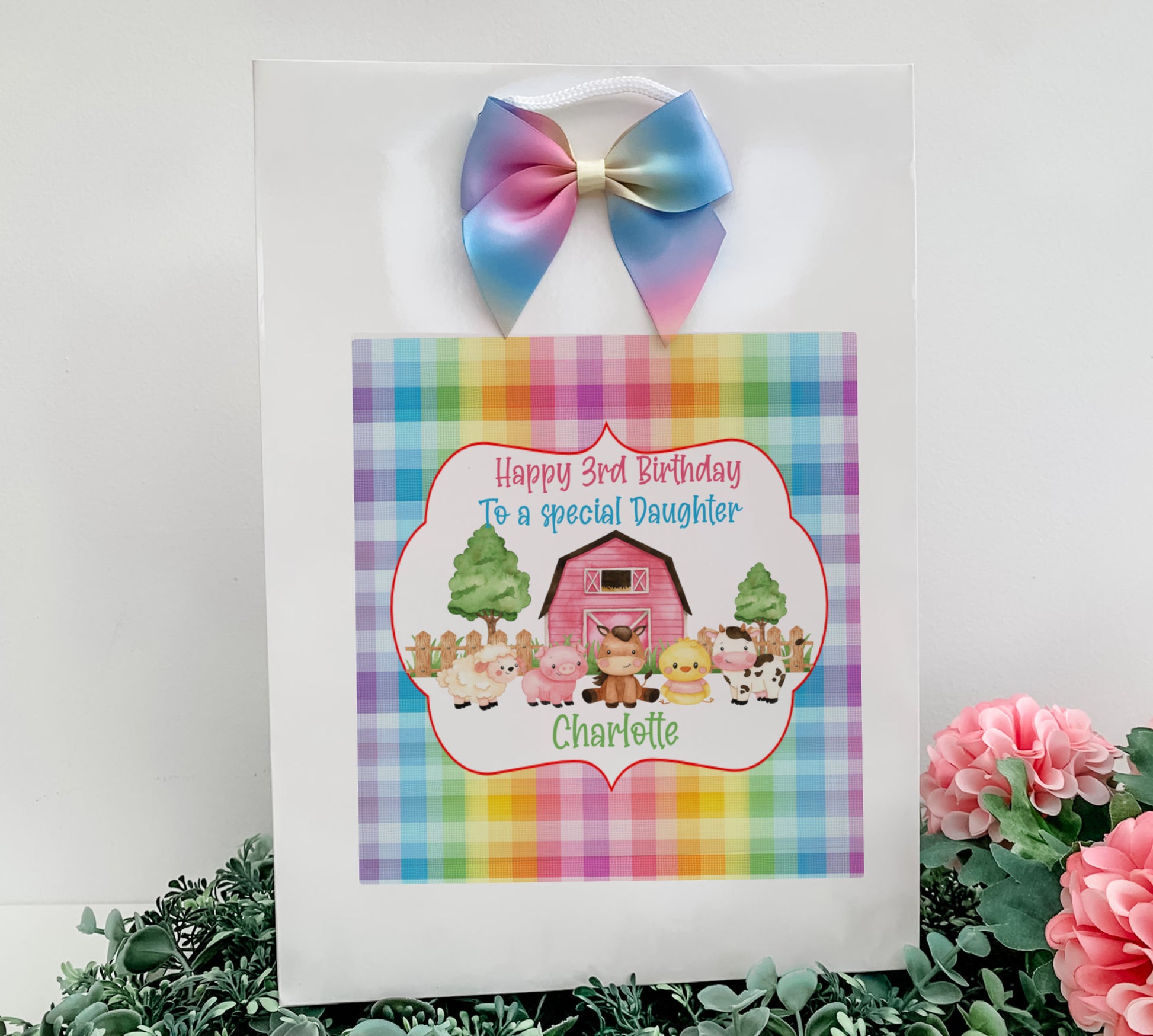 a card with a picture of a farm scene