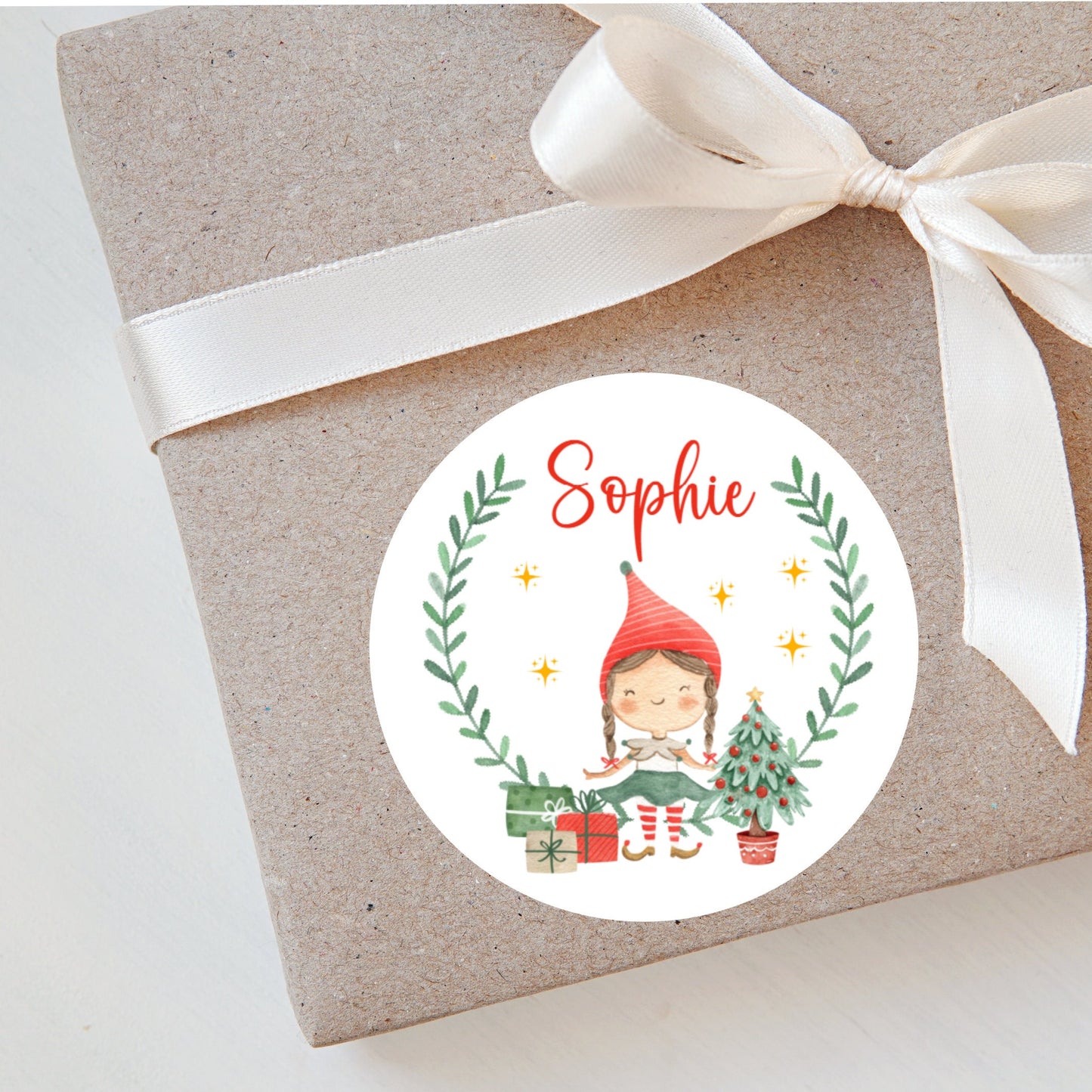 Personalised Elf Girl Christmas Stickers For Gift Wrapping Presents