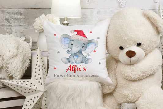 Personalised First Christmas Cushion Boy or Girl Watercolour Elephant, Gift, Home Decor