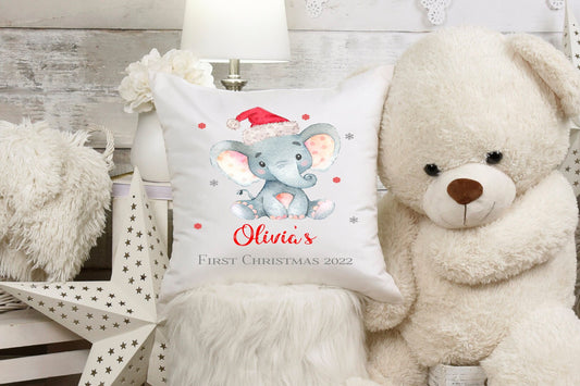 Personalised First Christmas Cushion Boy or Girl Watercolour Elephant, Gift, Home Decor