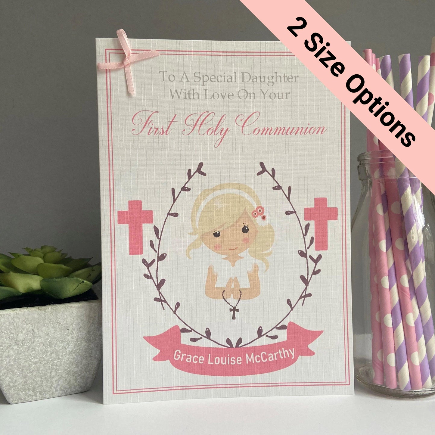 Personalised Handmade Firsty Holy Communion Card Girl Blonde Hair Daughter Granddaughter Niece God Daughter