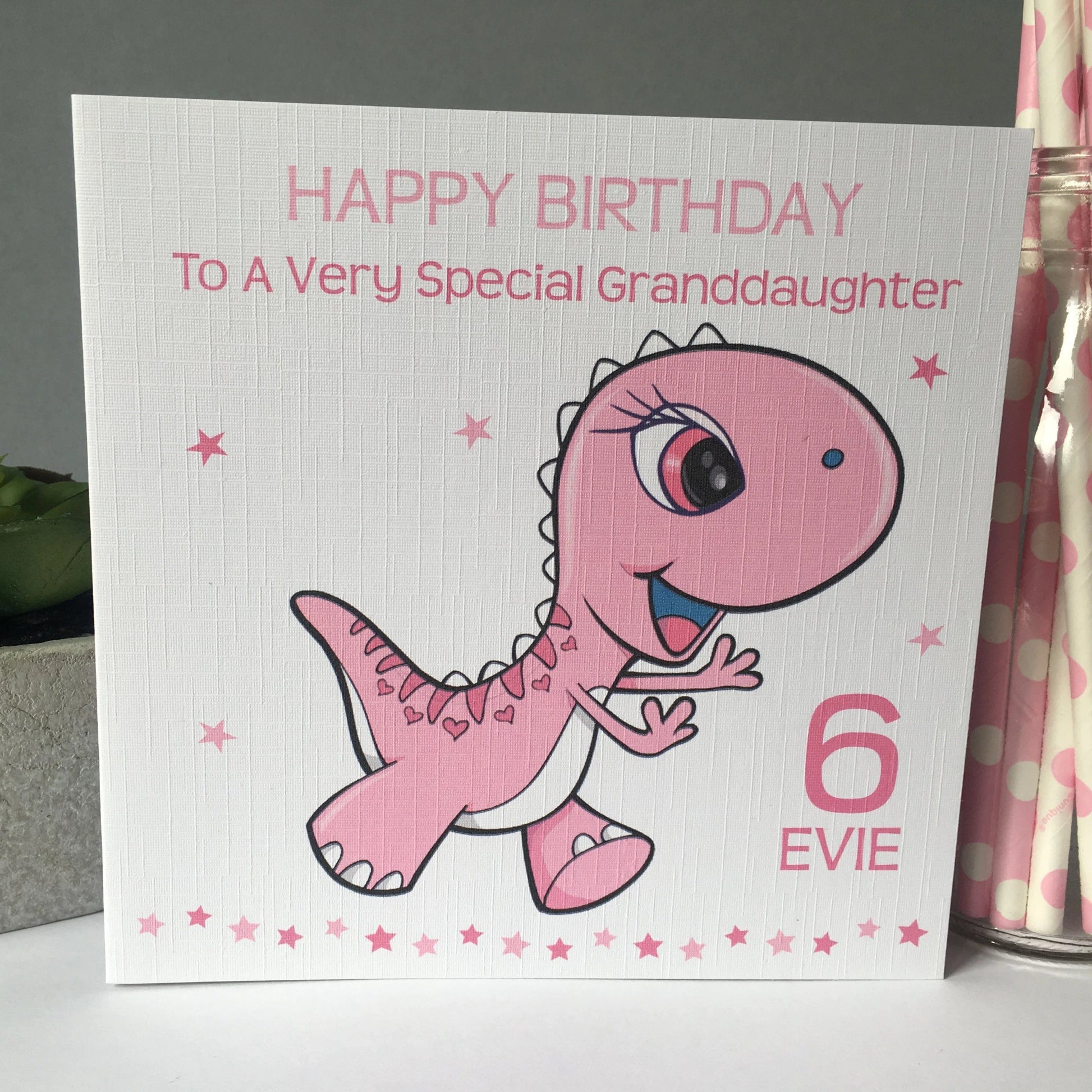 Personalised Girl Birthday Card Pink Dinosaur